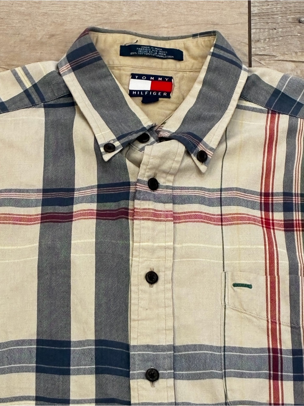 Tommy Hilfiger Cream Plaid Button-Down Shirt with Blue and Red Stripes